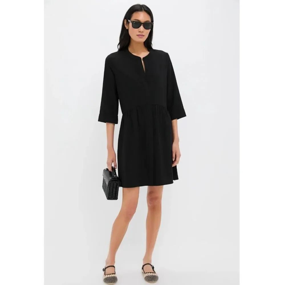 Tuckernuck Black Stretch Crepe Royal Shirt Dress Gathered Waist 3/4 Sleeve Sz S